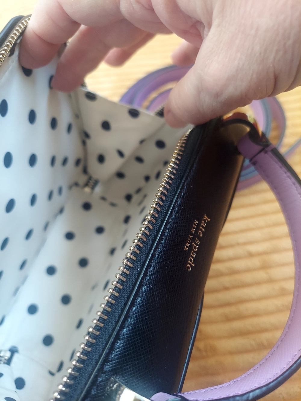 Kate Spade Cabana Polka Dot Crossbody Bag in White and Lavender - Picture 15 of 16